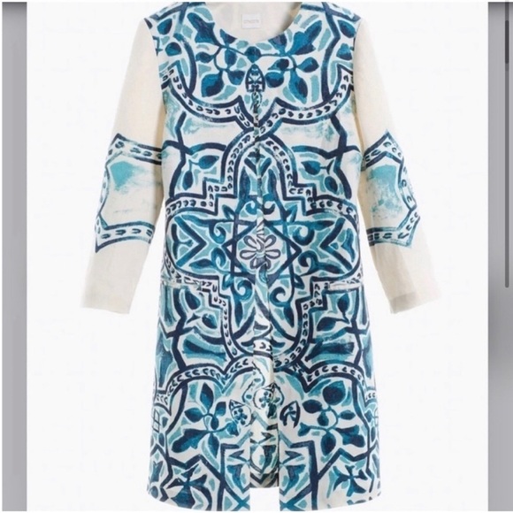 Chico’s Artisan Printed Linen Jacket blue, cream - Picture 1 of 16